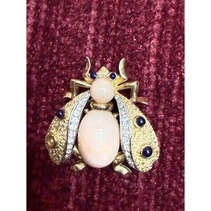 🔥Rare! Vintage Crown TRIFARI Faux Lapis, Rhinestone & Coral Belly Bee Brooch